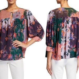 Johnny Was Jade Deneb Floral Print Silk Peasant Blouse Size M fits a L